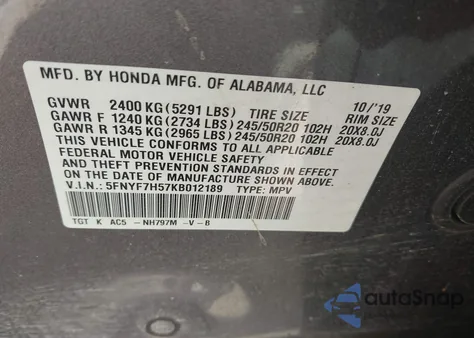2019 Honda Passport Ex-L z USA, uszkodzony, nr VIN 5FNYF7H57KB012189